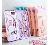 Shein Juego de 8 piezas de herramientas de dibujo de matemáticas geométricas que incluye 4 reglas, calibre de círculo, lápiz, goma de borrar, sacapuntas, pe