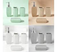 Shein Juego de accesorios de baño de 4/6 piezas, color macarrón. Incluye dispensador de jabón, portacepillos, taza para cepillos de dientes, jabonera, escob