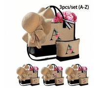 Shein Juego de accesorios de playa con letra del alfabeto A-Z, que incluye bolsa de playa, sombrero de playa y bolsa de cosméticos, bolsa de playa de gran c