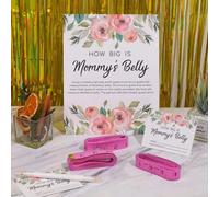 Shein Juego de adivinanza "¿Qué tan grande está la barriga de mamá?" para baby shower con 24 tarjetas, 3 cintas métricas rosas y 1 cartel. Complementa tu fi