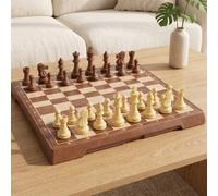Shein Juego de Ajedrez y Damas Magnético Plegable 2 en 1, Tablero de Juego Grande con Grano de Madera, Juego Educativo Impermeable, Adecuado para Reuniones