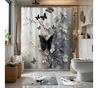Shein Juego de baño de 1/4 piezas con tema de mariposa negra y flor blanca, incluye cortina de ducha, alfombra de baño, tapa de inodoro en forma de U, resis