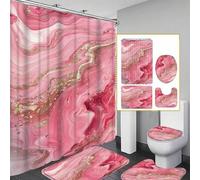 Shein Juego de baño de lujo con arena fluida de mármol rosa y dorado, 1/3/4 piezas, incluye cortina de ducha, alfombra de baño en forma de U, alfombra antid