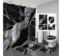 Shein Juego de baño de lujo de mármol negro y dorado: incluye 12 ganchos, cortina de ducha impermeable, tapa de inodoro y alfombra de baño antideslizante -