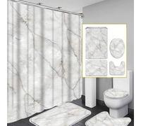 Shein Juego de baño minimalista de 1/3/4 piezas con textura de mármol natural gris y blanco con grietas, incluye cortina de ducha, alfombra de baño en forma