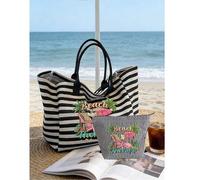 Shein Juego de bolsa de playa de gran capacidad con rayas y bolsa de cosméticos a juego, bolsa de hombro de lona con estampado "Beach Healing", bolsa de via