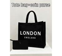 Shein Juego de bolsas de lino, bolsa de lona con estampado "Londres, Inglaterra", bolsa estampada, monedero, bolsa de lino negra, surtido de tamaños, patrón