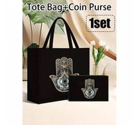 Shein Juego de bolsas de lino con factor religioso, que incluye una bolsa de mano con estampado de ojo del diablo y una bolsa pequeña estampada, con letras,