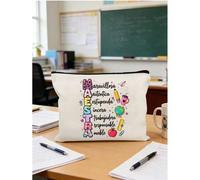Shein Juego de bolsas de maquillaje con tema de maestra, regalo del Día del Maestro de español, bolsa de lona con cremallera con estampado de corazón floral