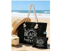 Shein Juego de bolso de playa para mujer, con patrón "La playa es mi lugar feliz", bolso de hombro de gran capacidad y bolsa pequeña a juego, bolso de playa
