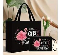 Shein Juego de bolso y bolsa de cosméticos con tema de flamenco, regalo para amantes de los flamencos, regalo de cumpleaños para novias/hermanas, bolso negr