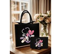 Shein Juego de bolso y bolsa de cosméticos con temática de enfermera (medio juego), impreso con patrones de estetoscopio, corazón, jeringa, termómetro, bols