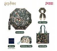 Shein Juego de bolsos de mujer de Harry Potter, que incluye bolsa de cosméticos de estilo universitario negra, paraguas, embrague de pañuelo de seda, bolso