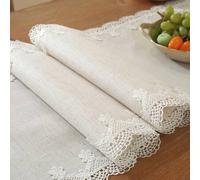 Shein Juego de camino de mesa vintage estilo cottage 100% poliéster con base de lino crudo beige, ribete de encaje festoneado con mini margaritas en todo el