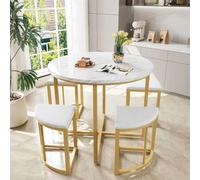 Shein Juego de comedor de 5 piezas, mesa redonda con 4 sillas de terciopelo, estructura de hierro bañado en oro, ahorro de espacio, diseño moderno.