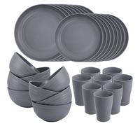 Shein Juego de cubertería de 32 piezas de paja de trigo, incluye un set de 8 piezas de cubiertos reutilizables irrompibles con pajitas, 16 platos de gris os