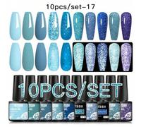 Shein Juego De Esmalte De Uñas En Gel Reflectante De 10 Piezas De Color Azul Vernis, Semipermanente, Remojo Híbrido De Polacos De Gel Uv Y Led Con Kits De C