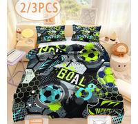Shein Juego de funda nórdica con tema de fútbol vibrante en negro y gris, 2/3 piezas, 100% poliéster, lavable a máquina, adecuado para niños, adolescentes,