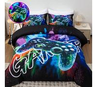 Shein Juego de funda nórdica de 3 piezas con temática de videojuegos elegante, incluye 1 funda nórdica + 2 fundas de almohada, fabricado en suave tela de fi