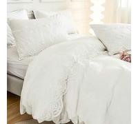 Shein Juego de funda nórdica de encaje blanco, estilo Boho-Granja, 3 piezas: 1 funda nórdica, 2 fundas de almohada. Funda nórdica de microfibra suave de col