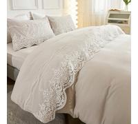 Shein Juego de funda nórdica en color beige con decoración de encaje, estilo bohemio y de granja. Juego de 3 piezas que incluye 1 funda nórdica y 2 fundas d