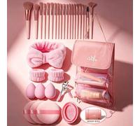 Shein Juego de herramientas de maquillaje rosa oro 6/12/21/26/32 piezas todo en uno, brochas cosméticas, esponjas de belleza, almohadillas de polvo, diadema
