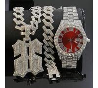 Shein Juego de Joyas Reverse 66 con Diamantes de Imitación Completos, Collar Cubano+Pulser Reloj, Accesorio de Lujo Hip Hop para Hombres, Regalo para Papá