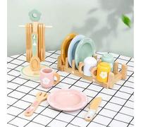 Shein Juego de juguete de cocina de madera para juego de roles, accesorios de platos y utensilios realistas estilo Montessori, juguete de roleplay de cocina