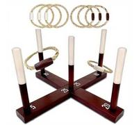 Shein Juego de lanzamiento de aros de madera rústica y cuerda para adultos - Incluye juego de lanzamiento de aros de madera con agarre ancho, juego al aire