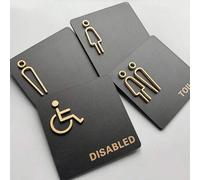 Shein Juego de letreros de baño de estilo moderno y lujoso de acrílico, iconos planos en 2D de oro de hombre/mujer/accesibilidad/universal, pegatina de pare