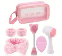 Shein Juego de limpieza facial de 7 piezas, juego de cepillo y mascarilla facial de spa de limpieza profunda, diadema de terciopelo suave, juego de coletero