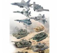 Shein Juego de maquetas de modelo a escala de plástico que incluye avión, tanque, avión de combate SU-57, tanque M1A2, tanque T-14 Leopard, juguete, regalo