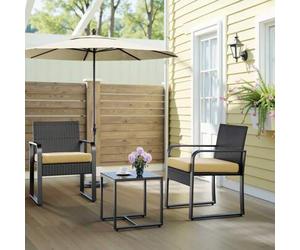 Shein Juego de mesa y sillas de taberna para Patio al aire libre, 3 piezas, con mesa pequeña de cristal y cojín, juego de sillas de mimbre para Patio, porch