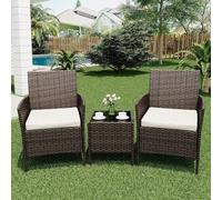 Shein Juego de muebles de patio de 3 piezas, con sillas de mimbre, mesa de cristal y cojines para porche, balcón, patio, jardín y piscina, en marrón y beige