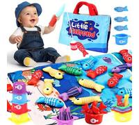 Shein Juego de pesca de tela con estanque pequeño, juego de pesca con peces de colores, varillas de pesca y bolsa de almacenamiento, juguetes Montessori de