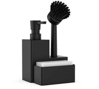 Shein Juego de recarga de líquido para platos negro, dispensador de jabón, soporte para esponja, esponja, cepillo para platos, adecuado para decoración de e