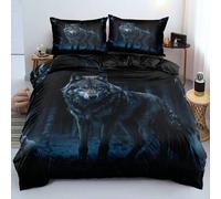 Shein Juego de ropa de cama con estampado 3D de lobo solitario en el bosque, 2/3 piezas, con un lobo oscuro realista y un brillo cobalto, estilo salvaje mis