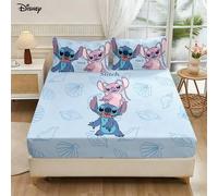 Shein Juego de ropa de cama de 3 piezas Disney con estampado de Stitch y Angel en conchas marinas, sábana ajustable y 2 fundas de almohada en azul claro par