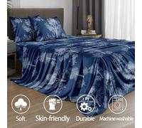 Shein Juego de ropa de cama de 4 piezas con estampado de árbol azul marino, incluye 1 falda de cama, 1 sábana plana y 2 fundas de almohada (sin incluir el r
