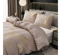 Shein Juego de ropa de cama de color sólido con estampado de mármol metalizado, juego de ropa de cama con brillo, juego de ropa de cama de mármol color taup