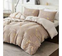Shein Juego de ropa de cama estilo metalizado y de mármol en beige, de estilo bohemio y de granja, con 3 piezas: 1 funda nórdica reversible en beige y camel