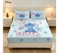 Shein Juego de sábana ajustada y 2 fundas de almohada Disney 3 piezas con estampado de Stitch divertido y cita "Diversión bajo el sol" en color azul claro f