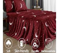 Shein Juego de sábanas de 4 piezas/Set con patrón de estrellas y luna en color vino tinto, de microfibra suave y fácil de cuidar (1 sábana plana + 1 sábana