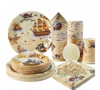 Shein Juego desechable de 25 platos, servilletas y vasos con diseño de mapa del tesoro pirata, adecuado para fiestas de cumpleaños, picnic familiares