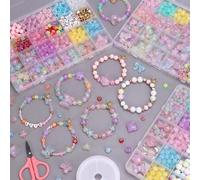 Shein Juego para que los niños hagan collares, pulseras, aretes y anillos con cuentas. Kit de manualidades con materiales para que los niños hagan joyas y a