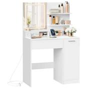 Shein Kailyn Colección - Tocador con Espejo LED, con Regleta de Enchufes, Gabinete con 2 Estantes Ajustables, 1 Cajón, 2 Estantes Abiertos, Estilo Moderno,
