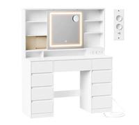 Shein Kailyn Colección - Tocador con Espejo LED, Regleta, 9 Cajones, Lupa de 10x, Iluminación de 3 Colores, Montaje sin Herramientas, Blanco Nube, Regalo de