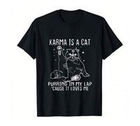 Shein Karma interesante: Un gato ronronea en mi regazo porque me quiere. Camiseta de verano estampada para hombre, cuello redondo informal, 100 % algodón. 1