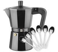 Shein Kenia Noir cafetera italiana, pack exclusivo + 6 cucharillas, manual, fabricada en aluminio esmaltado, apta para todo tipo de cocinas, EXCEPTO INDUCCI