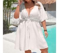 Shein Kimono de talla grande CURVE con cintura con cordón, manga murciélago y nudo delantero, sin bikini, para vestidos de playa, vacaciones de playa, gradu